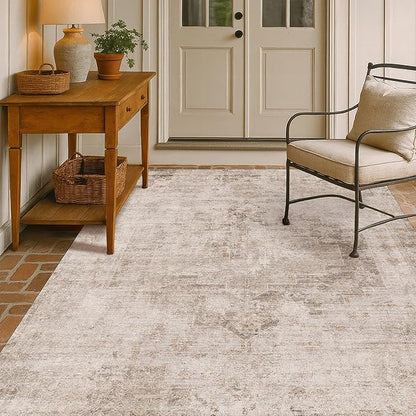 Beige & Brown 5x8 Area Rugs for Bedroom - Abstract Distressed Farmhouse Rug for Living Room, Home Office, Foyer, Kitchen Table, Foldable Soft Washable Low Pile Non Slip Stain Resistant