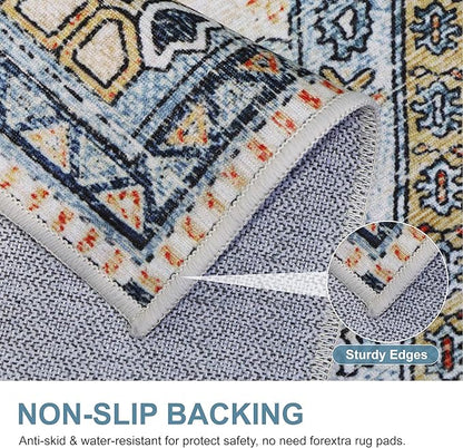 Bavni Kitchen Rug 2x5 Runner Rugs for Hallways Entryway, Washable Vintage Print Carpet, Ultra-Thin Chenille Low Pile Lightweight Rug with Non Slip Backing, Blue/Orange