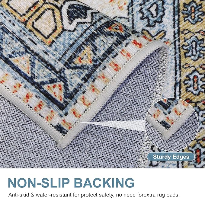 Bavni Kitchen Rug 2x7 Runner Rugs for Hallways Entryway, Washable Vintage Print Carpet, Ultra-Thin Chenille Low Pile Lightweight Rug with Non Slip Backing, Blue/Orange