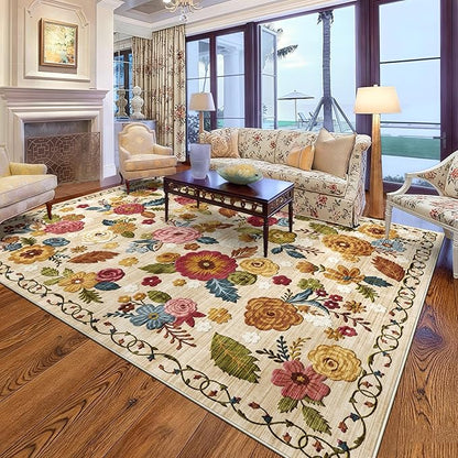 8x10 Machine Washable Area Rug for Living Room, Beige Vintage Boho Floral Rug Large Non-Slip Low Pile Soft Faux Wool Carpet, Kids and Pets Friendly for Bedroom Dining Room Farmhouse Home Decor Rug
