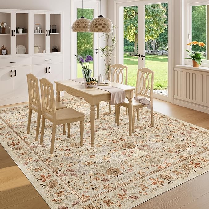 DUKINO 8x10 Area Rugs for Living Room, Vintage Floral Washable Rug with Non Slip Backing, Soft Low Pile & Non-Shedding Large Carpets for Bedroom, Farmhouse, Dining Room, Home Office, Beige