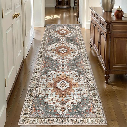 Tangsoo 2x10 Vintage Floral Geometric Runner Rug, Turmeric & Multicolor, Machine Made, Non-Slip, Washable, 0.35 Inch Pile, Rectangular, Indoor, Entryway & Living Room