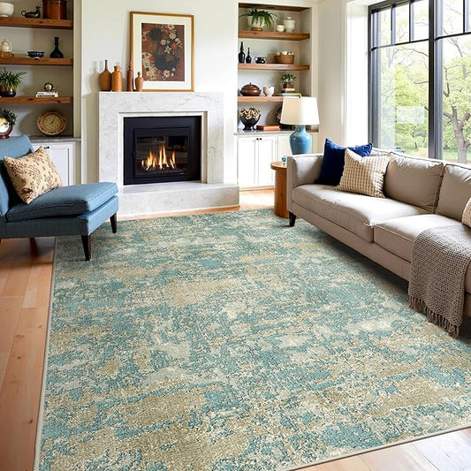 WITSHOCK Living Room Area Rugs 8x10：Modern Abstract Machine Washable Large Rug for Bedroom Dining Room Non-Slip Stain Resistant Home Office Decor,Teal Brown