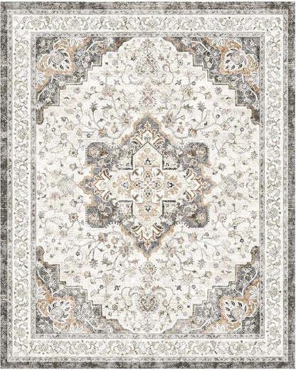 Marsail 8x10 Washable Area Rug, Soft & Slip-Resistant Large Area Rug with Reinforced Bound Edges, Vintage Short-Pile Washable Rug with Floral Pattern for Living Room, Dinning Room and Bedroom, Brown