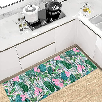 Tropical Runner Rug 2x7 ft - Floral & Leaf Print, Pink Flowers & Greenery - Non-Slip Easy Clean - Hallway, Living Room, Bedroom - Bohemian Watercolor Style