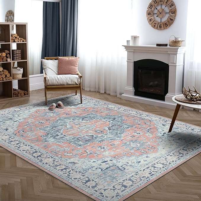 Bloom Rugs Washable Non-Slip 9' x 12' Rug - Coral/Blue Traditional Medallion Area Rug for Living Room, Bedroom, Dining Room, and Kitchen - Exact Size: 9' x 12'