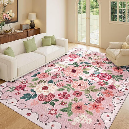 DUKINO 4x6 Area Rug, Floral Rugs for Living Room, Lightweight Non Slip Washable Rug, Indoor Low Pile & Non-Shedding Boho Design Rugs for Bedroom, Living Room, Dining Room, Pink