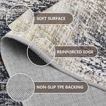 7x9 Washable Area Rugs - Modern Abstract Rugs for Living Room Non-Slip Low Pile Soft Machine Washable Carpet for Bedroom, Dining Room, Nursery, Home Office, Farmhouse (7'x9' Beige Tan)