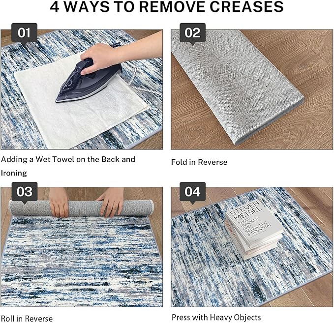 Modern Abstract Runner Rug 3x8, Grey Blue White, Washable Kitchen Runner Non-Slip Soft Hallway Rug Thin Print Faux Wool Carpet for Entryway Bedroom Laundry Room Indoor Home Office Decor