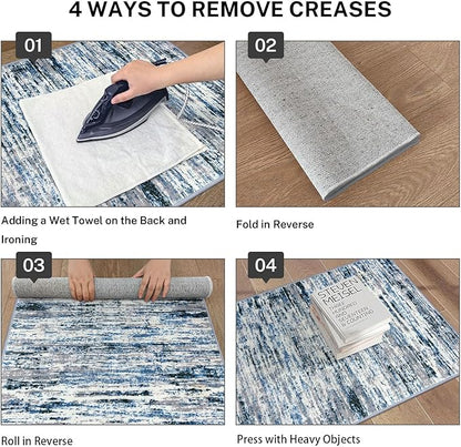 Modern Abstract Runner Rug 2.6x8, Grey Blue White Washable Kitchen Runner Non-Slip Soft Hallway Rug Runner Thin Print Faux Wool Carpet for Entryway Bedroom Laundry Room Indoor Home Decor