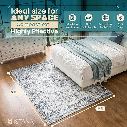 Istana 4x6 Rug - Navy Area Rugs 4x6 - Kid & Pet Friendly Machine Washable Rugs - 4 x 6 Area Rug Non Slip & Non Shedding Area Rug - Foldable Rug for Room for Bedroom