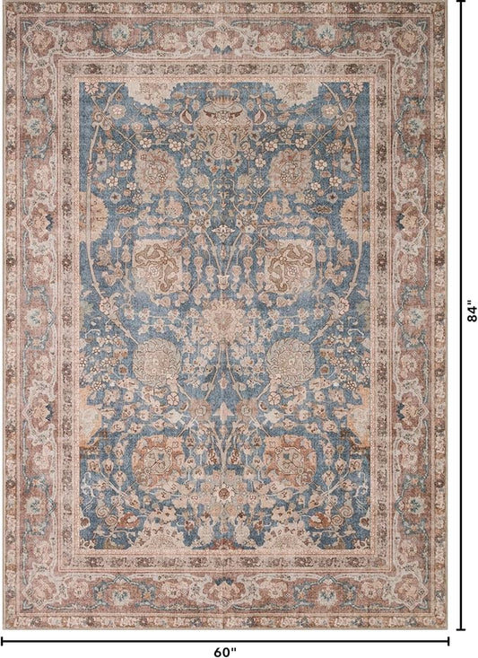 Kuden 5x7 Area Rug, Machine Washable Area Rug with Non-Slip Backing, Vintage Style, Soft, Easy Clean, Low Pile Rug for Living Room, Bedroom, Dining Room