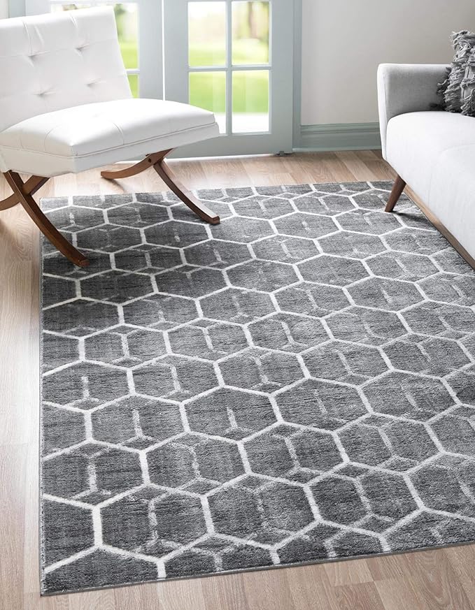 Rugs.com Lattice Trellis Collection Rug – 8' x 10' Gray Low-Pile Rug Perfect for Living Rooms, Large Dining Rooms, Open Floorplans