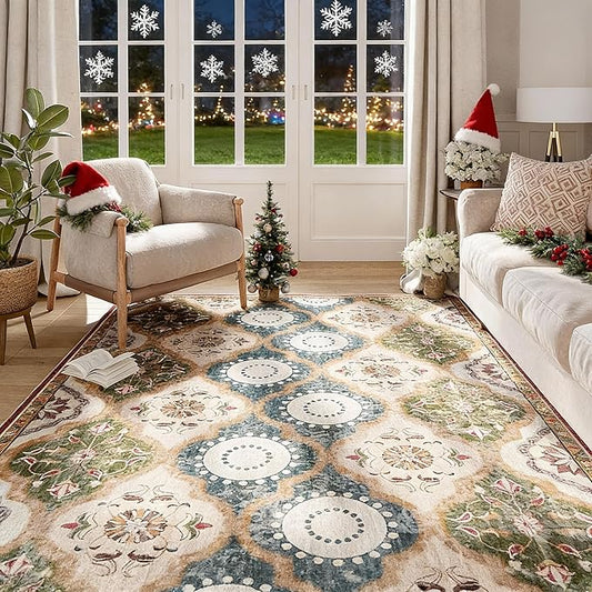 EnHomee Boho Chic 4x6 Washable Rug - Soft, Low Pile & Durable for High-Traffic Living Rooms & Bedrooms Stain Resistant, Non-Slip Easy Clean Carpet in Red&Green