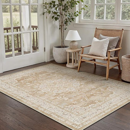 HUGEAR Machine Washable Area Rugs 3x5 Vintage Beige Brown Living Room Rug Neutral Style Non Slip Stain Resistant Low Pile Throw Carpet for Office Home Retro Aesthetic Modern Decor