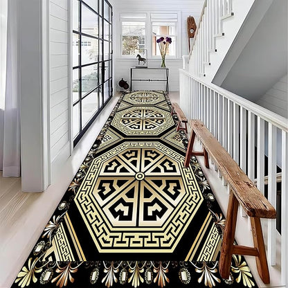 Black Gold Art Runner Rugs, 2x6ft, Vintage Greek Key Entrance Rug, Baroque Aesthetic Non-Slip Low Pile Soft Carpets, Cozy Absorbent Durable Non-Shedding Mat for Hallway Bedroom