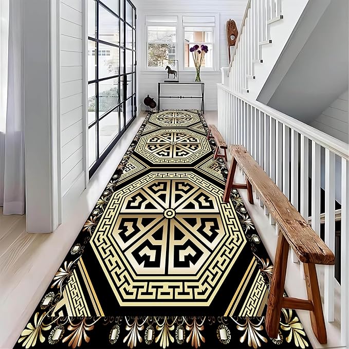 Black Gold Art Runner Rugs, 2x10ft, Vintage Greek Key Entrance Rug, Baroque Aesthetic Non-Slip Low Pile Soft Carpets, Cozy Absorbent Durable Non-Shedding Mat for Hallway Bedroom