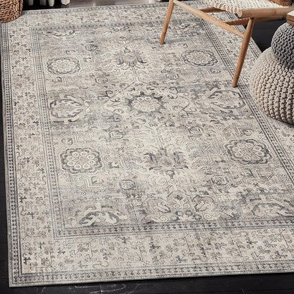 ReaLife Rugs Machine Washable Area Rug Runner - Living Room Bedroom Bathroom Kitchen Entryway Office - Padded Low Pile Stain Resistant Premium - Boho Farmhouse Vintage - Paz - Beige Gray Ivory 3'x5'