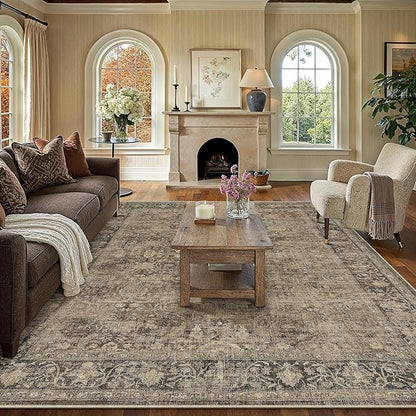 8x10 Brown Washable Area Rug for Living Room Bedroom Neutral Vintage Soft Non Slip Rug Low Pile Distressed Carpet for Dining Room Nursery Office Indoor