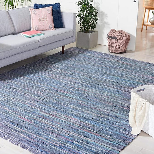 SAFAVIEH Rag Rug Collection Area Rug - 9' x 12', Purple & Multi, Handmade Boho Stripe Cotton, Ideal for High Traffic Areas in Living Room, Bedroom (RAR121D)