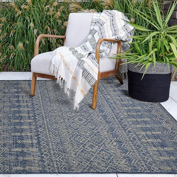 FH Home Flat Woven Outdoor Rug - Waterproof, Easy to Clean, Stain Resistant - Premium Polypropylene Yarn - Boho Moroccan - Large Patio, Deck, Sunroom - Dakar - Blue - 7ft 10in x 10ft 9in