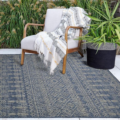 FH Home Flat Woven Outdoor Rug - Waterproof, Easy to Clean, Stain Resistant - Premium Polypropylene Yarn - Boho Moroccan - Large Patio, Deck, Sunroom - Dakar - Blue - 7ft 10in x 10ft 9in