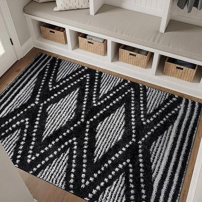 Rugshop Geometric Shag Area Rug Anthracite Dark Gray and White 4' x 6' Ideal for Small Living Rooms, Offices, or Beside The Bed