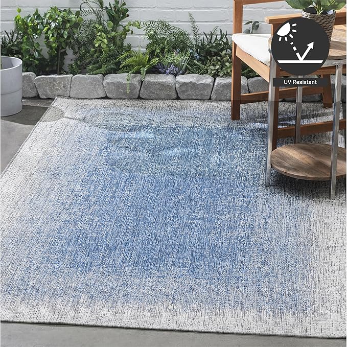 FH Home Flat Woven Outdoor Rug - Waterproof, Easy to Clean, Stain Resistant - Premium Polypropylene Yarn - Modern Ombre - Patio, Porch, Deck, Balcony - Dhruva - Blue - 5ft 2in x 7ft 6in