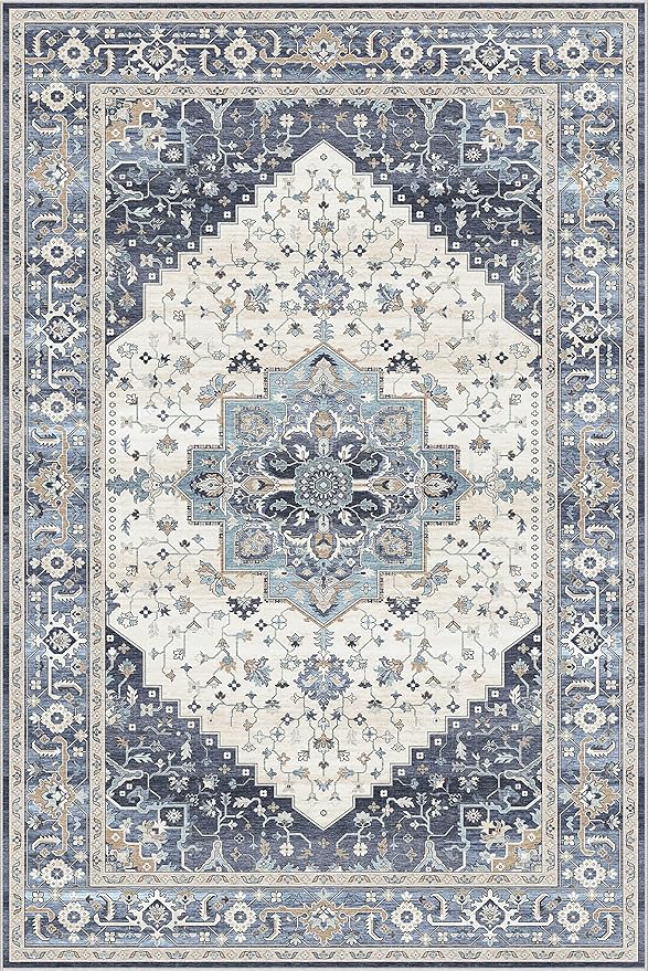 Dripex Vintage Washable Area Rug - 5x8 Distressed Rugs for Living Room Bedroom Oriental Medallion Floral Print Carpet Low-Pile Indoor Soft Non-Slip Accent Rug Farmhouse Office Home Decor