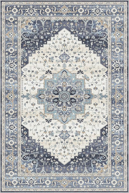 Dripex Vintage Washable Area Rug - 5x8 Distressed Rugs for Living Room Bedroom Oriental Medallion Floral Print Carpet Low-Pile Indoor Soft Non-Slip Accent Rug Farmhouse Office Home Decor