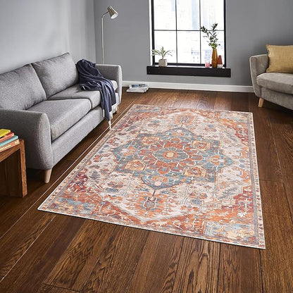 GLN Rugs Traditional Collection - Machine Washable Area Rug, Traditional Washable, Non Slip, Low Pile Chenille Rug, Living Room, Bedroom, Kitchen Rug (3' x 5' Cream/Terra)