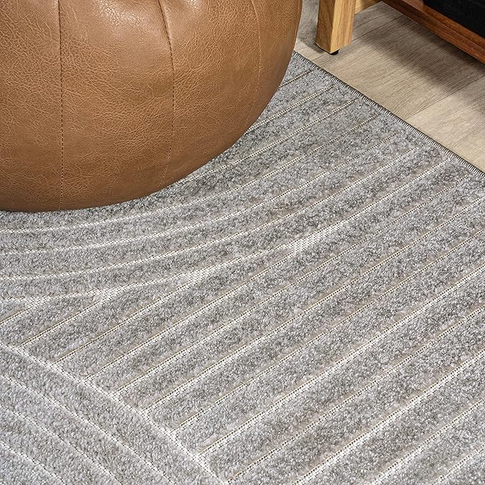 JONATHAN Y Hallie High-Low Curve Gray/Ivory 7x7 Square Indoor/Outdoor Area Rug, Minimalist, Pet Friendly, Non-Shedding, Stain Resistant, Hose-Washable for Backyard, Patio, Porch (SCN100A-7SQ)