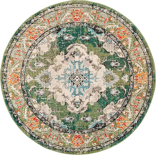SAFAVIEH Monaco Collection Area Rug - 11' Round, Forest Green & Light Blue, Medallion Distressed Design, Non-Shedding & Easy Care, Ideal for High Traffic Areas in Living Room, Bedroom (MNC243F)