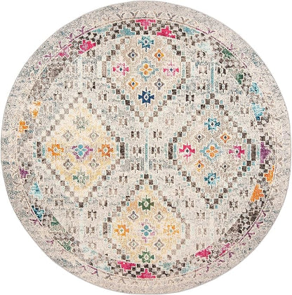 SAFAVIEH Madison Collection Area Rug - 9' Round, Grey & Yellow, Boho Diamond Distressed Design, Non-Shedding & Easy Care, Ideal for High Traffic Areas in Living Room, Bedroom (MAD418F)