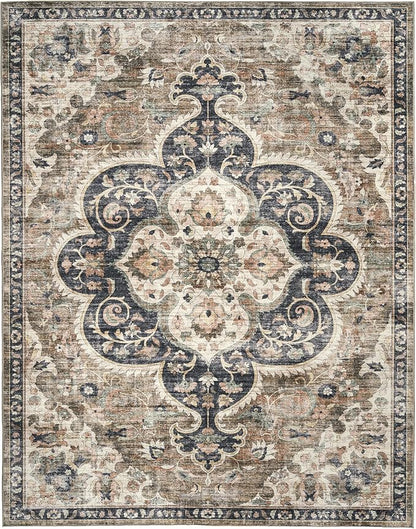 ReaLife Rugs Machine Washable Area Rug - Living Room Bedroom Bathroom Kitchen Entryway Office - Padded Low Pile Stain Resistant Premium - Boho Farmhouse Vintage - Joy - Brown Beige 4' x 6'