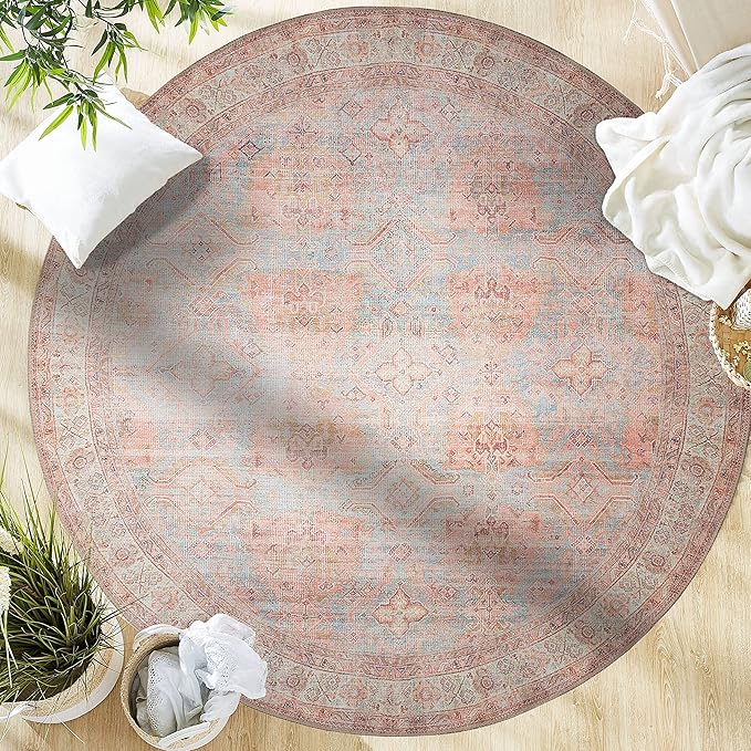 GLN Rugs Traditional Collection - Machine Washable Area Rug, Traditional Washable, Non Slip, Low Pile Chenille Rug, Living Room, Bedroom, Kitchen Rug (5'3" Round Terra/Multicolor 1153)
