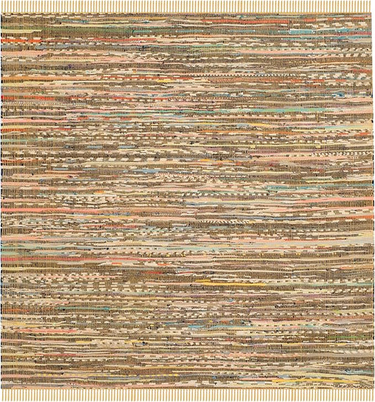 SAFAVIEH Rag Rug Collection Area Rug - 6' Square, Yellow & Multi, Handmade Boho Stripe Cotton, Ideal for High Traffic Areas in Living Room, Bedroom (RAR121H)