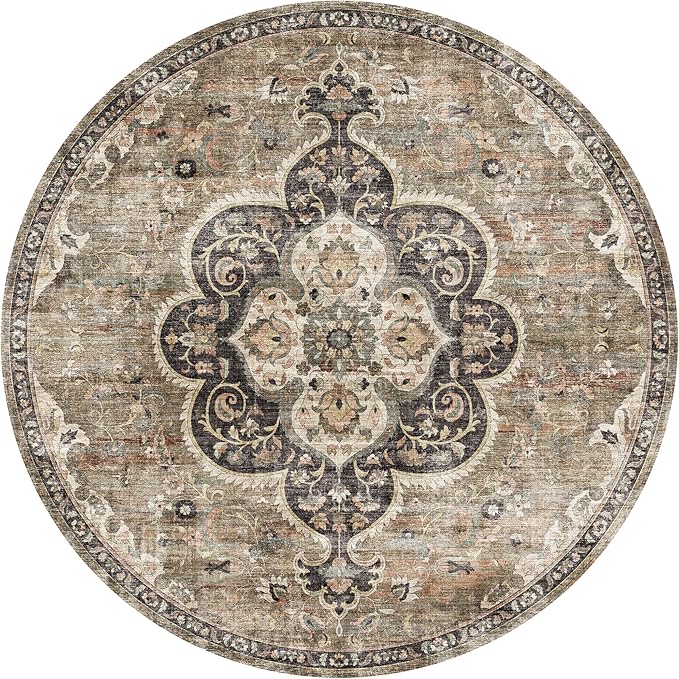 ReaLife Rugs Machine Washable Area Rug - Living Room Bedroom Bathroom Kitchen Entryway Office - Non Slip Low Pile Stain Resistant Premium - Boho Farmhouse Vintage - Joy - Brown Beige 6' Round