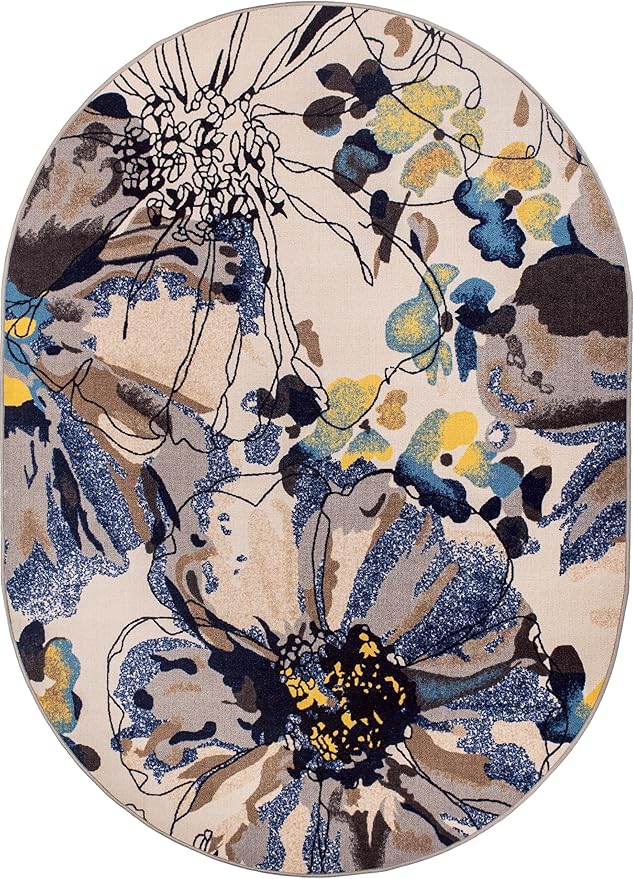 Rugshop Cream Bright Flowers Non Slip Non-Shedding Oval Area Rug for Dining Room, Living Room and Bedroom, 5' x 7'