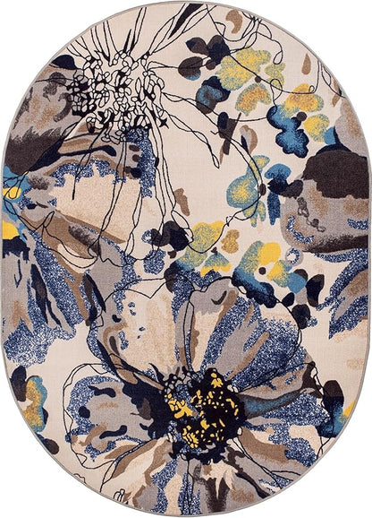 Rugshop Cream Bright Flowers Non Slip Non-Shedding Oval Area Rug for Dining Room, Living Room and Bedroom, 5' x 7'