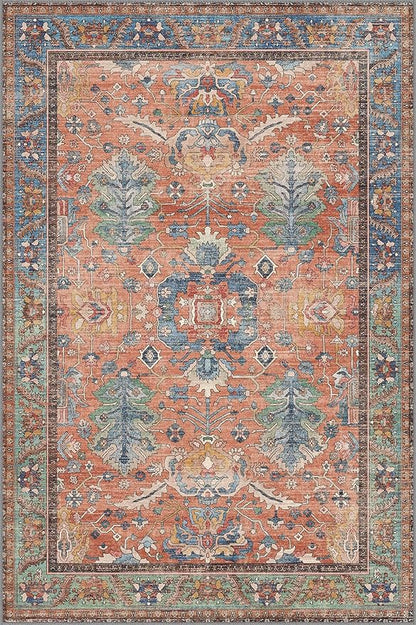 Bavni Washable Rug-6x9 Area Rugs for Bedroom Non-Slip, Ultra Thin Low Pile Living Room Rug, Modern Printed Decorative Rug for Dinning Room Office, Terracotta/Blue
