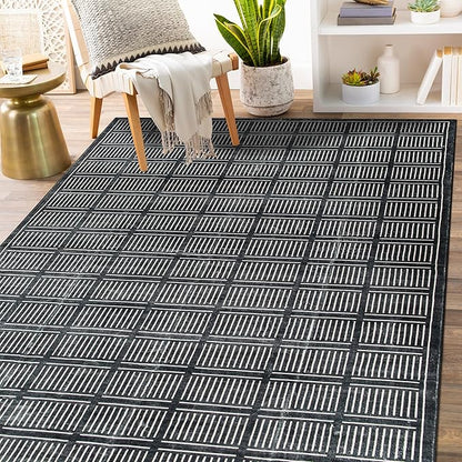 Rugshop Bohemian Stripe Lines Washable Non Slip Area Rug 3' x 5' Black