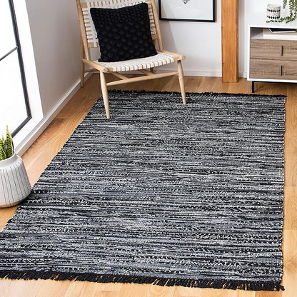 SAFAVIEH Rag Rug Collection Area Rug - 5' x 8', Black, Handmade Boho Stripe Cotton, Ideal for High Traffic Areas in Living Room, Bedroom (RAR121Z)