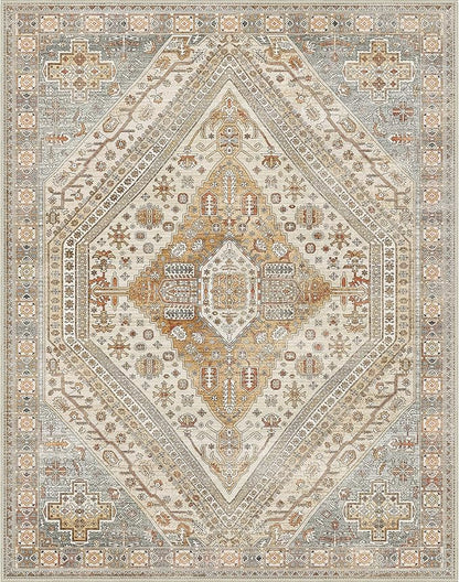 Bavni Washable Rug 8x10 Area Rug for Living Room Bedroom Dining, Washable Vintage Print Carpet, Ultra-Thin Chenille Low Pile Lightweight Rug with Non Slip Backing, Tan/Grey