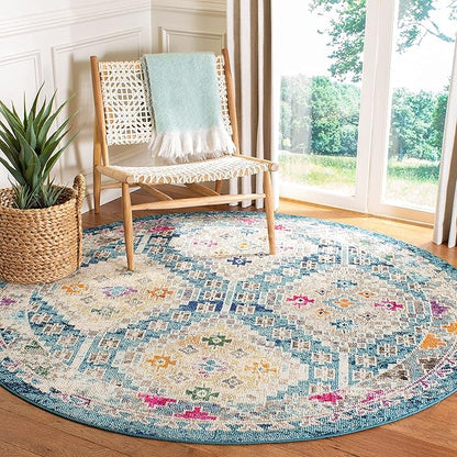 SAFAVIEH Madison Collection Area Rug - 6'7" Round, Dark Blue & Yellow, Boho Diamond Distressed Design, Non-Shedding & Easy Care, Ideal for High Traffic Areas in Living Room, Bedroom (MAD418N)