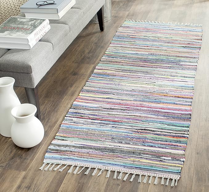 SAFAVIEH Rag Rug Collection Runner Rug - 2'3" x 9', Grey & Multi, Handmade Boho Stripe Cotton, Ideal for High Traffic Areas in Living Room, Bedroom (RAR121M)