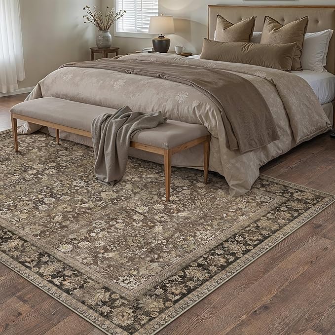 HUGEAR 5x7 Machine Washable Rugs Brown Hallway Area Rug Indoor Accent Rug Floral Mid Pile Carpet Soft Thicker Throw Aesthetic Rug Bedroom Living Room Office Dining Kitchen Laundry Non Slip