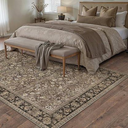HUGEAR 9x12 Machine Washable Rugs Brown Hallway Large Area Rug Indoor Accent Rug Floral Low Pile Carpet Soft Throw Aesthetic Rug Bedroom Living Room Office Dining Room Kitchen Laundry Room