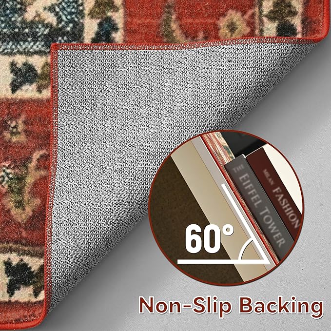 YJ.GWL Area Rugs for Living Room 9x12 Machine Washable Rugs, Non Slip Floral Vintage Rug Indoor Carpet, Stain Resistant Large Rug for Bedroom Dining Room, Orange-Red