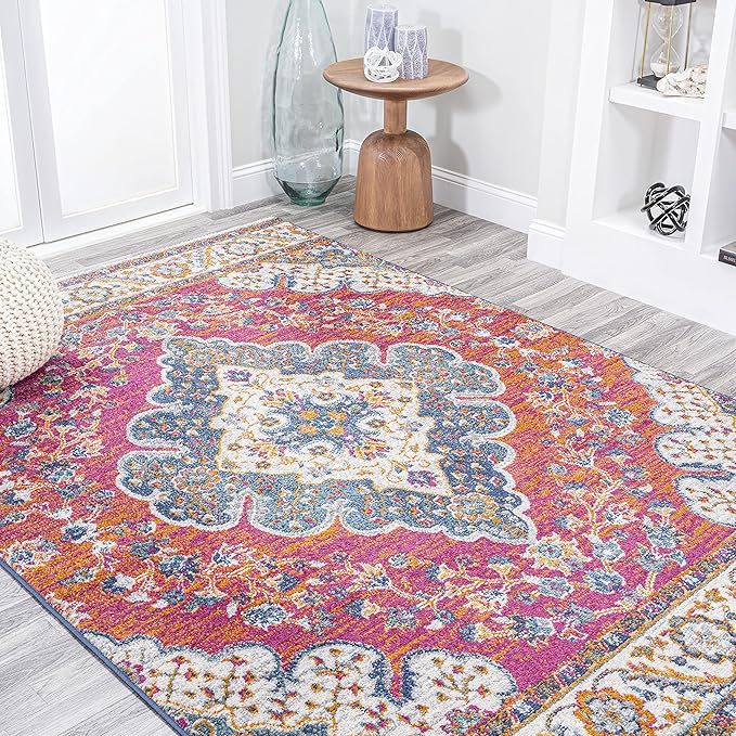 JONATHAN Y Boho Vintage Fuchsia/White Indoor Area Rug, 5x8, Bohemian Flair Medallion, Floral Easy-Cleaning High Traffic for Living Room, Bedroom, Kitchen, Pet-Friendly, Non-Shedding (BMF106C-5)